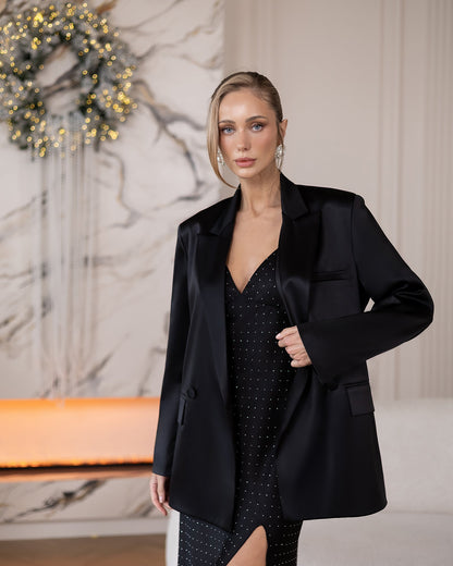Sienna Black Satin Double-Breasted Blazer