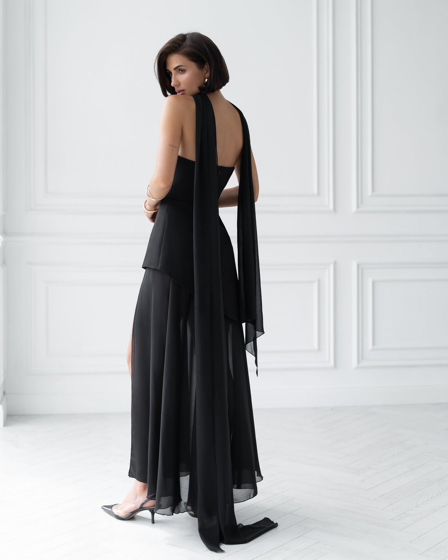 Black Strapless Back Scarf Overskirt Maxi Dress