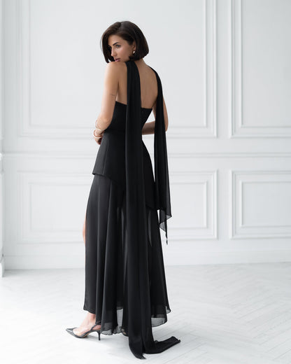 Black Strapless Back Scarf Overskirt Maxi Dress