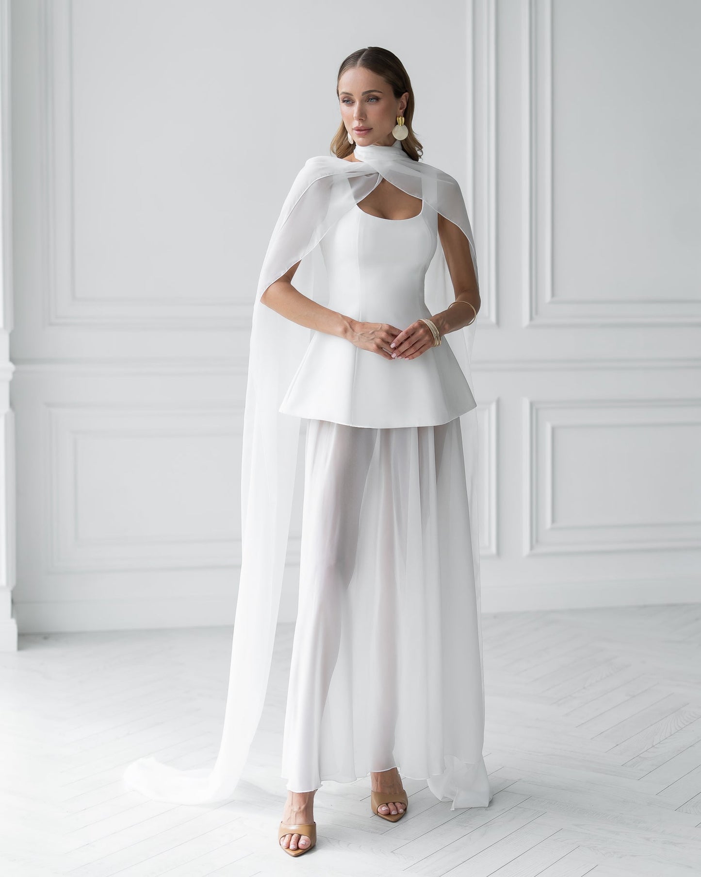 White Cape-Detail Peplum Chiffon Skirt Maxi Dress