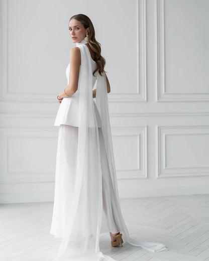 White Cape-Detail Peplum Chiffon Skirt Maxi Dress