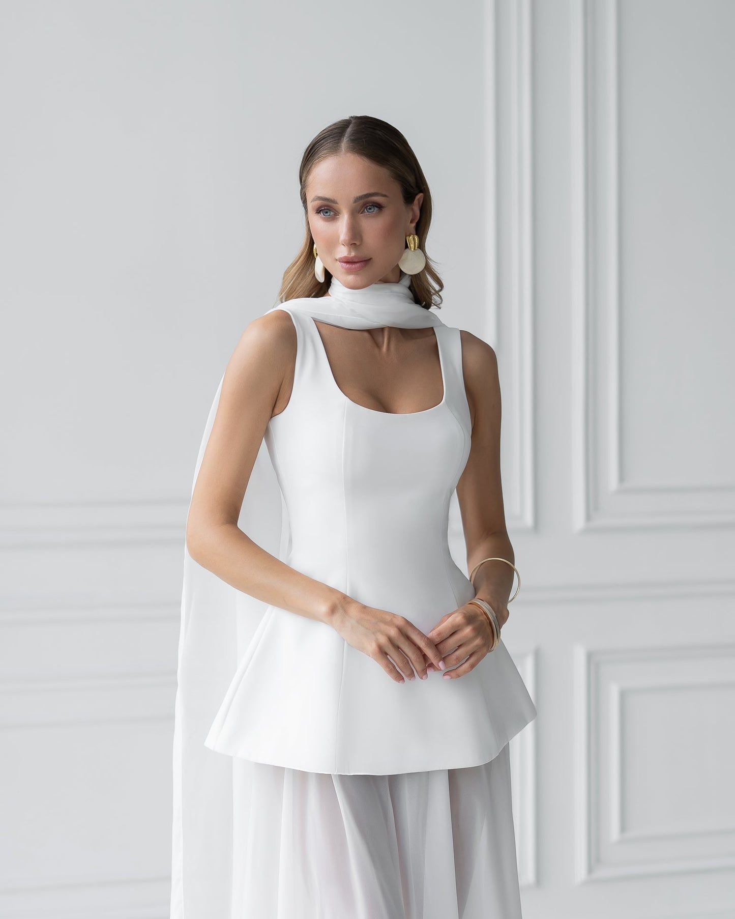 White Cape-Detail Peplum Chiffon Skirt Maxi Dress
