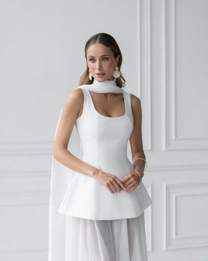 White Cape-Detail Peplum Chiffon Skirt Maxi Dress