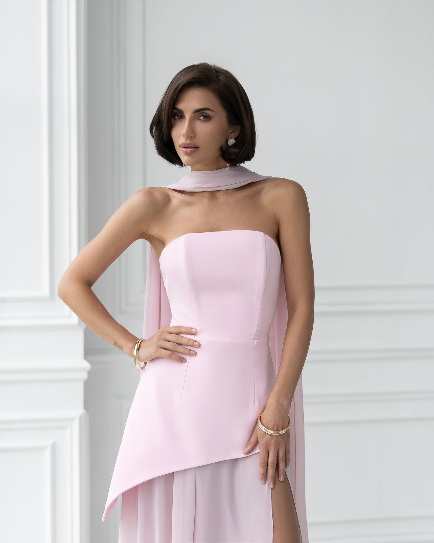 Dusty-Pink Strapless Back Scarf Overskirt Maxi Dress
