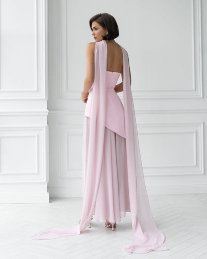 Dusty-Pink Strapless Back Scarf Overskirt Maxi Dress