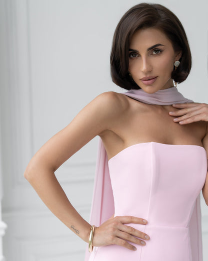 Dusty-Pink Strapless Back Scarf Overskirt Maxi Dress