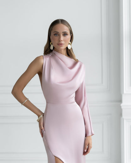 Dusty-Pink Satin Draped Neck One-Shoulder Maxi Dress