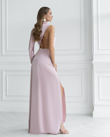 Dusty-Pink Satin Draped Neck One-Shoulder Maxi Dress