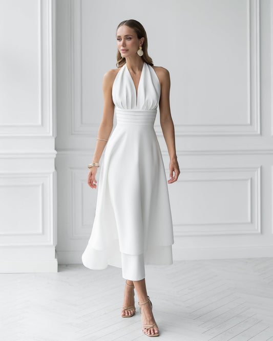 Gloria White Open-Back Halter-Neck Midi Dress