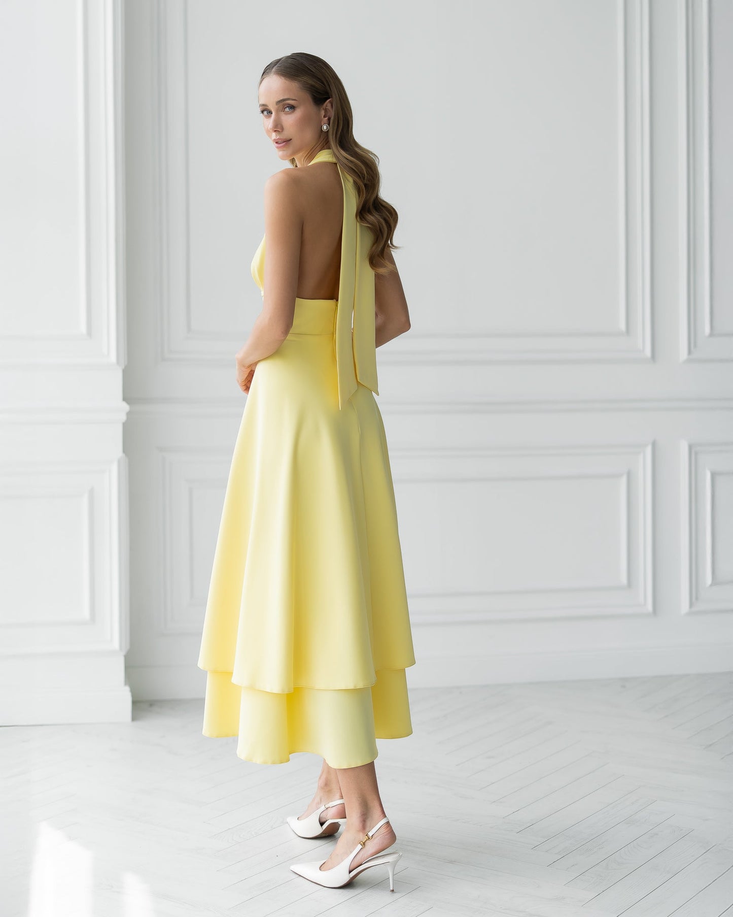 Gloria Yellow Open-Back Halter-Neck Midi Dress