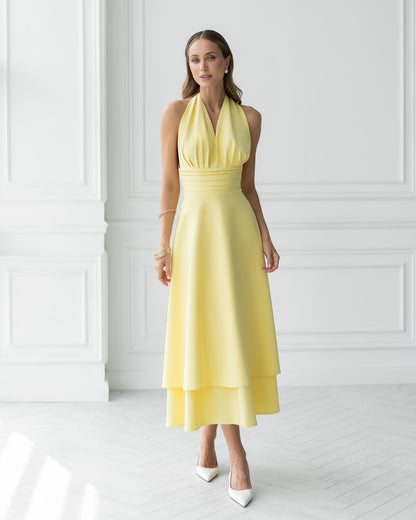 Gloria Yellow Open-Back Halter-Neck Midi Dress