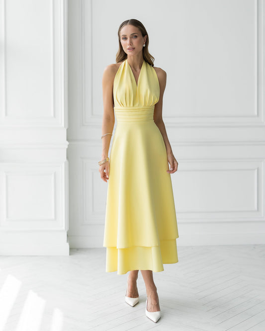 Gloria Yellow Open-Back Halter-Neck Midi Dress