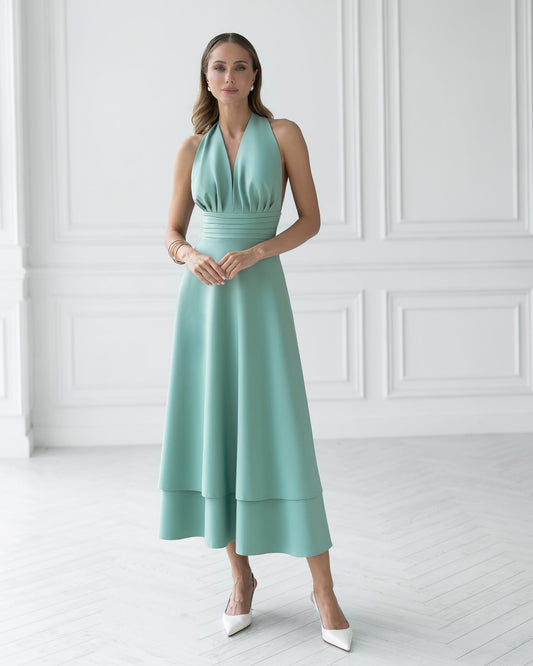 Gloria Olive Open-Back Halter-Neck Midi Dress