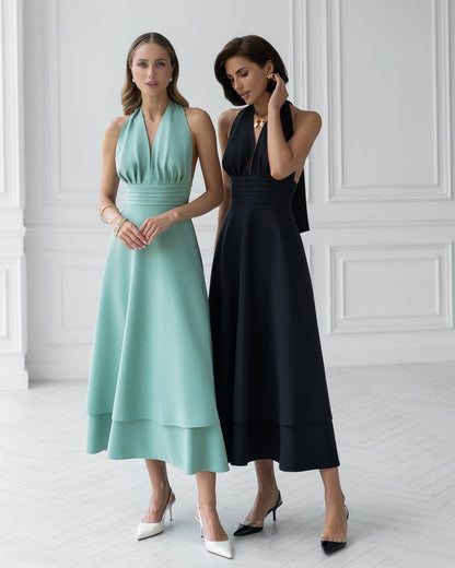 Gloria Black Open-Back Halter-Neck Midi Dress