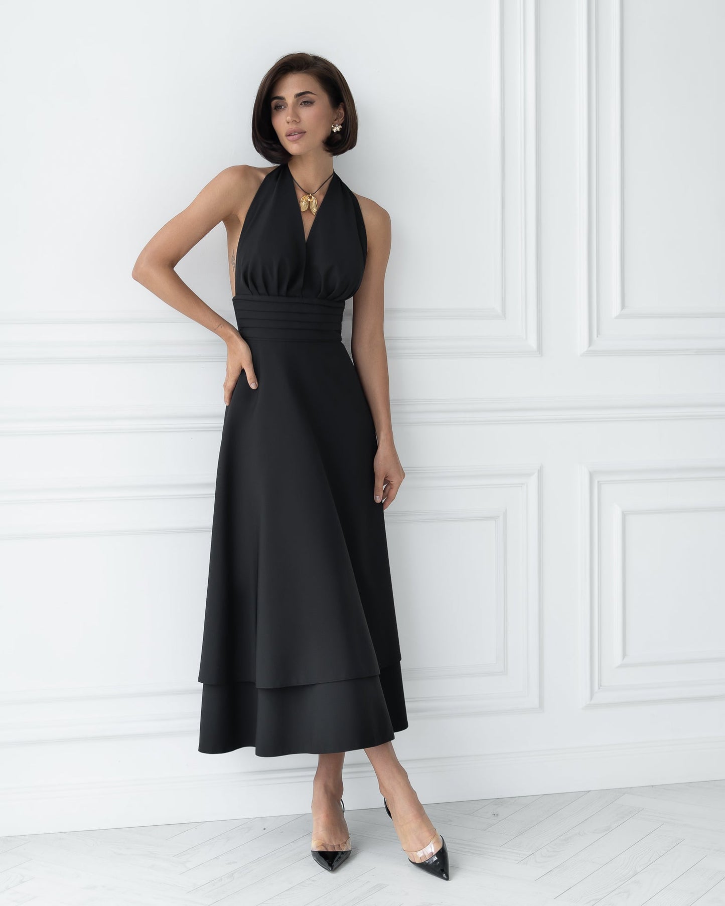 Gloria Black Open-Back Halter-Neck Midi Dress
