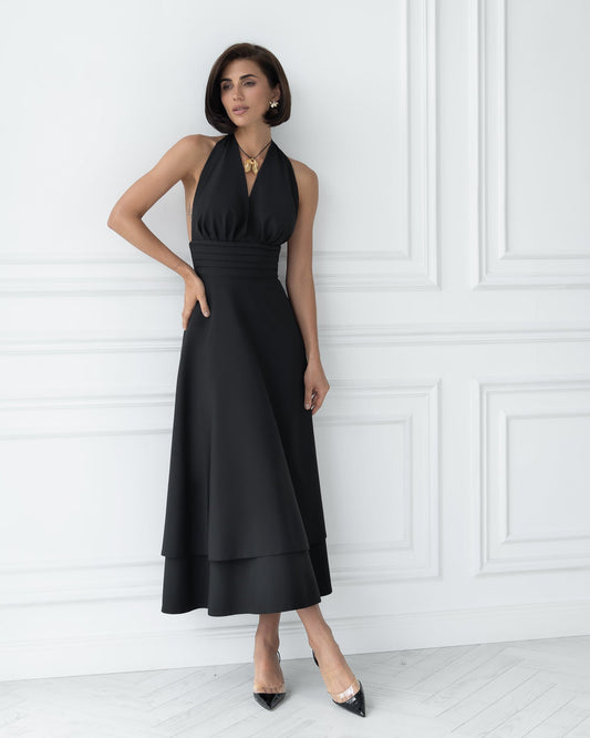 Gloria Black Open-Back Halter-Neck Midi Dress