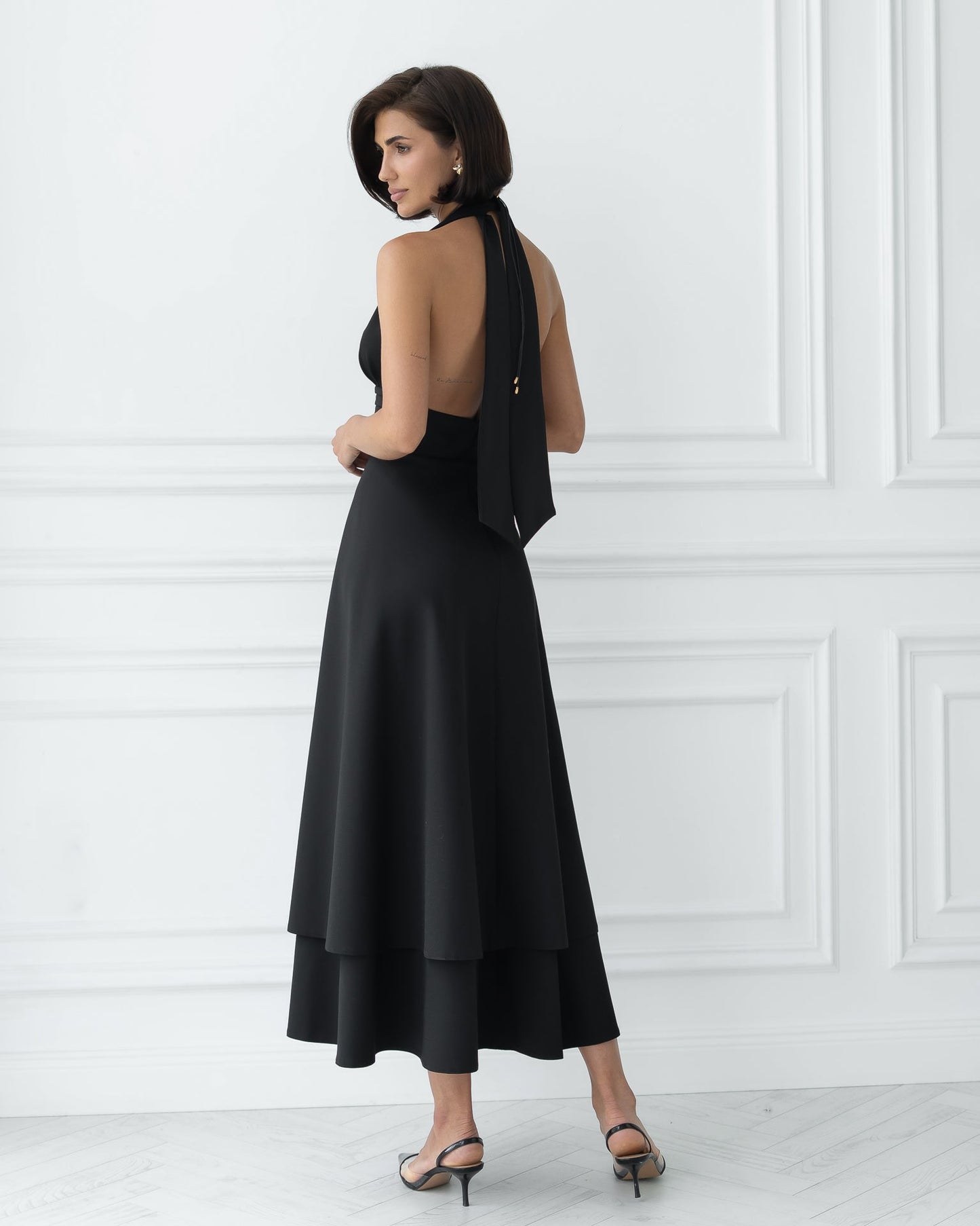 Gloria Black Open-Back Halter-Neck Midi Dress