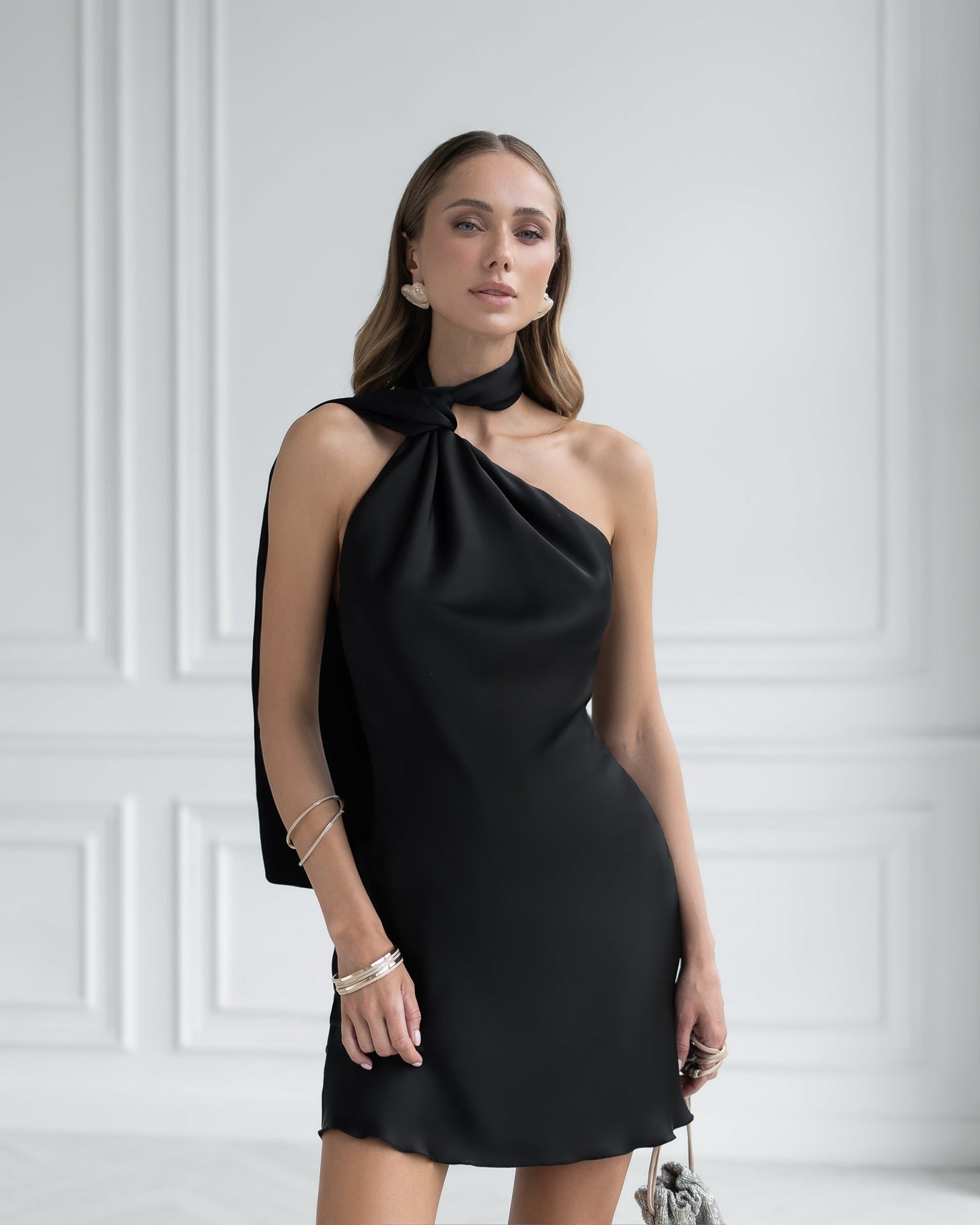 Leona Black Satin Scarf-Neck Backless Mini Dress