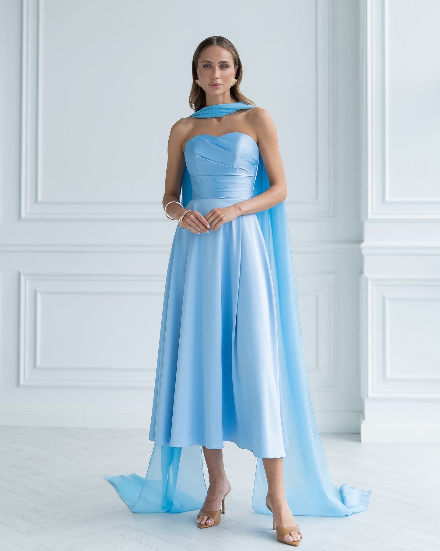 Nova Sky-Blue Satin Strapless Sweetheart Midi Dress