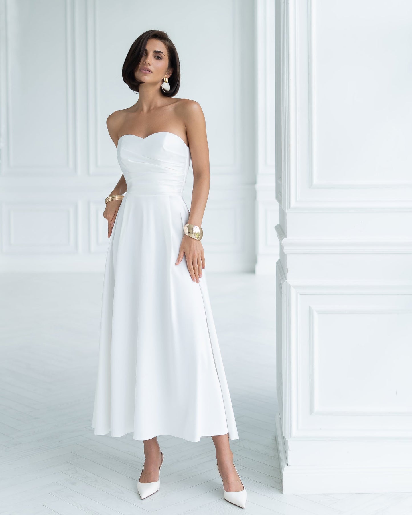 Nova White Satin Strapless Sweetheart Midi Dress