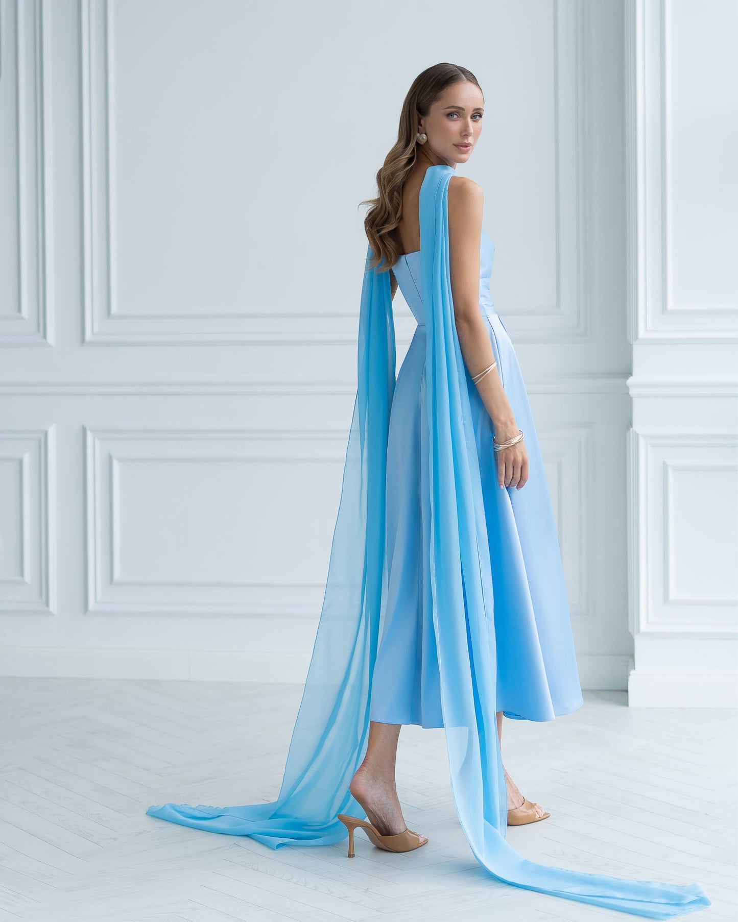 Nova Sky-Blue Satin Strapless Sweetheart Midi Dress