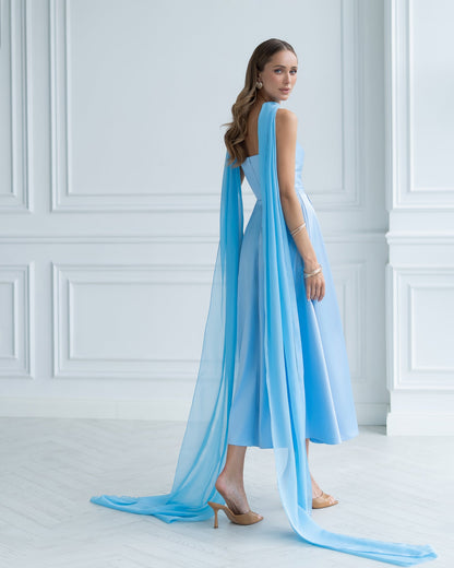 Nova Sky-Blue Satin Strapless Sweetheart Midi Dress