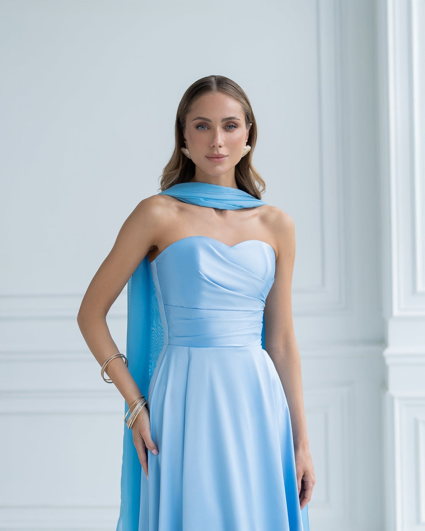 Nova Sky-Blue Satin Strapless Sweetheart Midi Dress