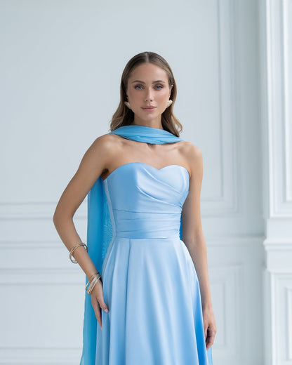 Nova Sky-Blue Satin Strapless Sweetheart Midi Dress