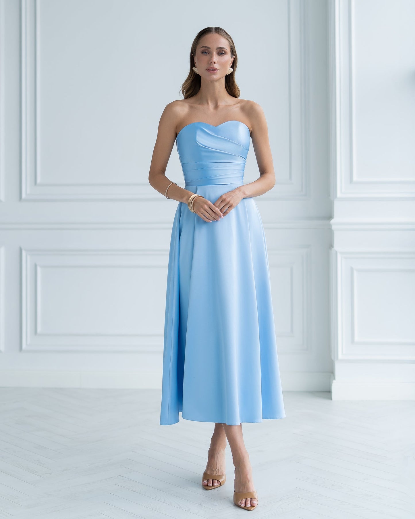 Nova Sky-Blue Satin Strapless Sweetheart Midi Dress