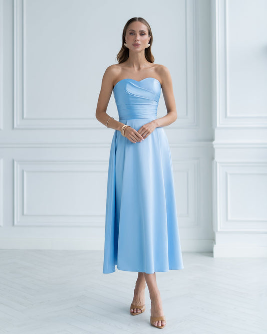 Nova Sky-Blue Satin Strapless Sweetheart Midi Dress