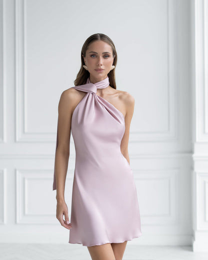 Leona Dusty Pink Satin Scarf-Neck Backless Mini Dress