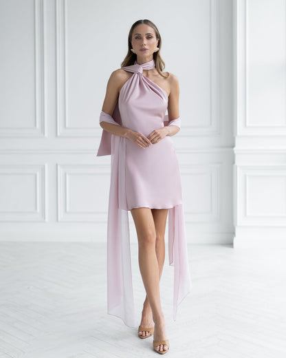 Leona Dusty Pink Satin Scarf-Neck Backless Mini Dress