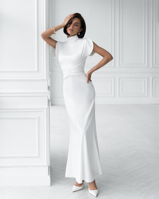 Nova White Satin High-Neck Puff-Sleeve Maxi Dress