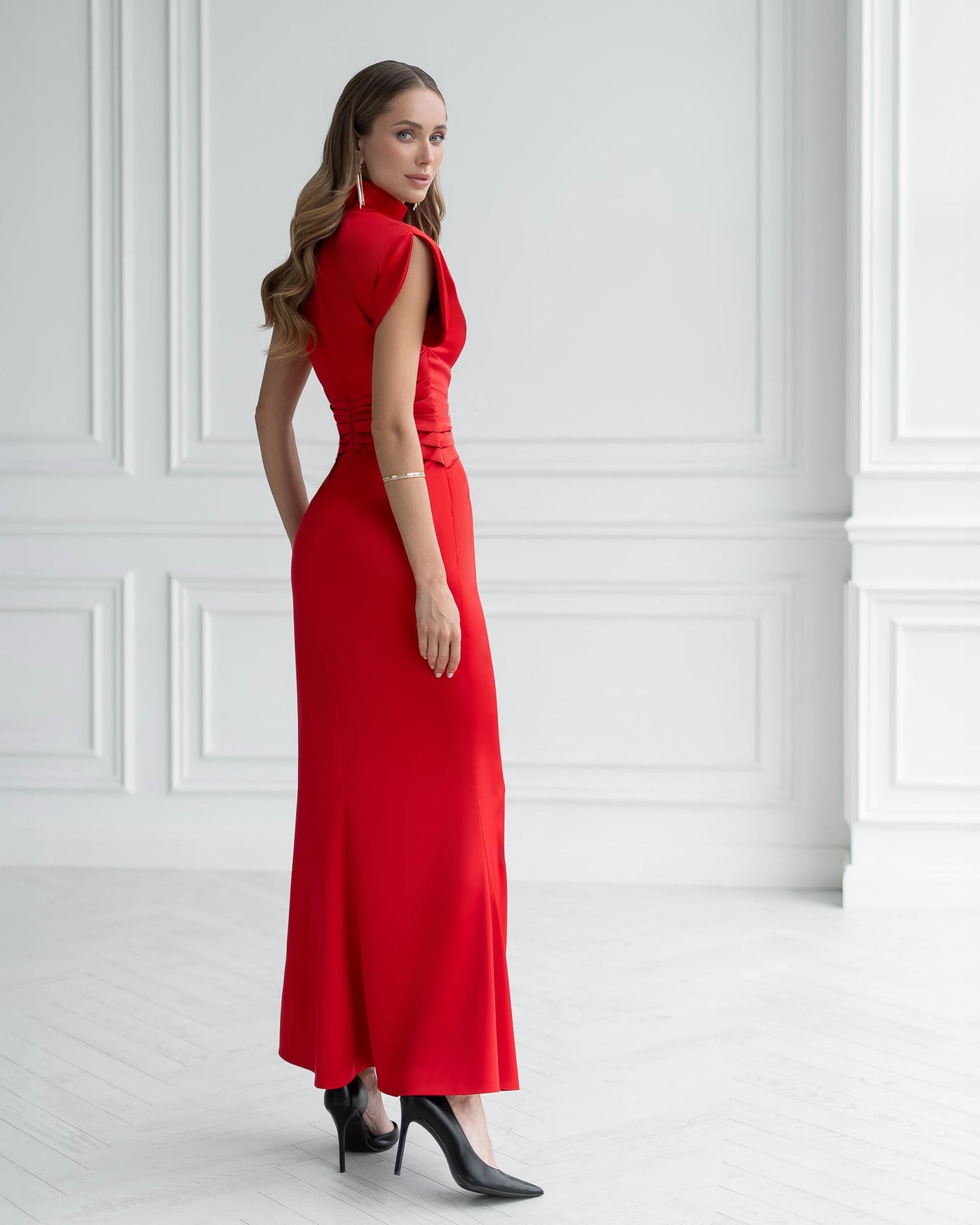 Nova Red Satin High-Neck Puff-Sleeve Maxi Dress