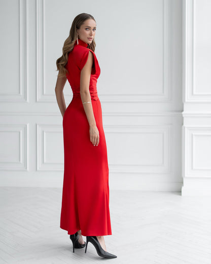 Nova Red Satin High-Neck Puff-Sleeve Maxi Dress