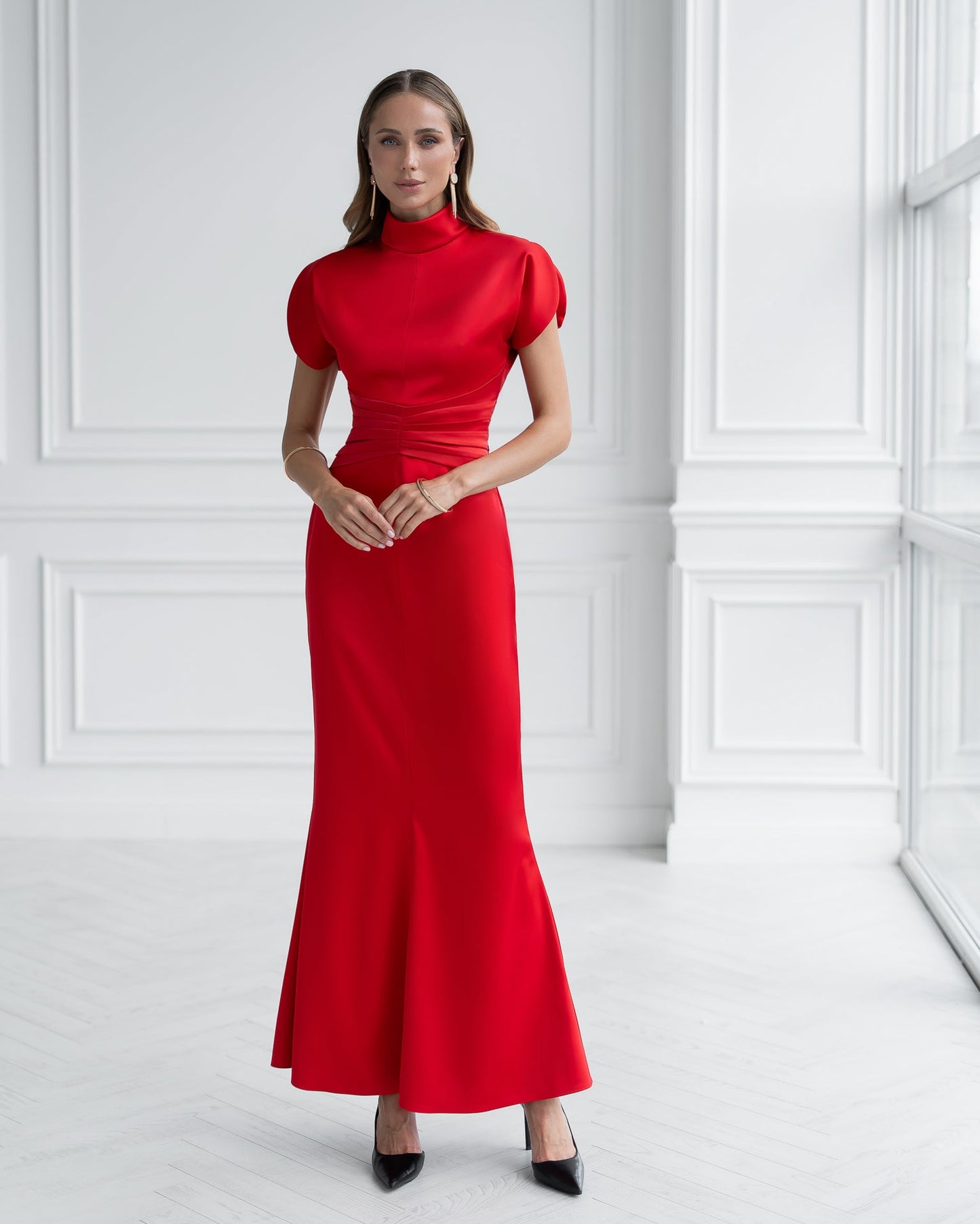 Nova Red Satin High-Neck Puff-Sleeve Maxi Dress