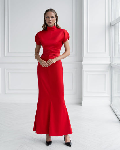 Nova Red Satin High-Neck Puff-Sleeve Maxi Dress