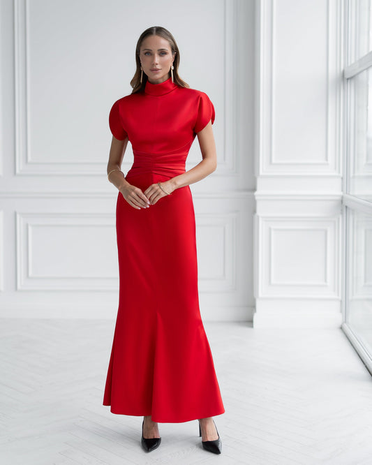 Nova Red Satin High-Neck Puff-Sleeve Maxi Dress