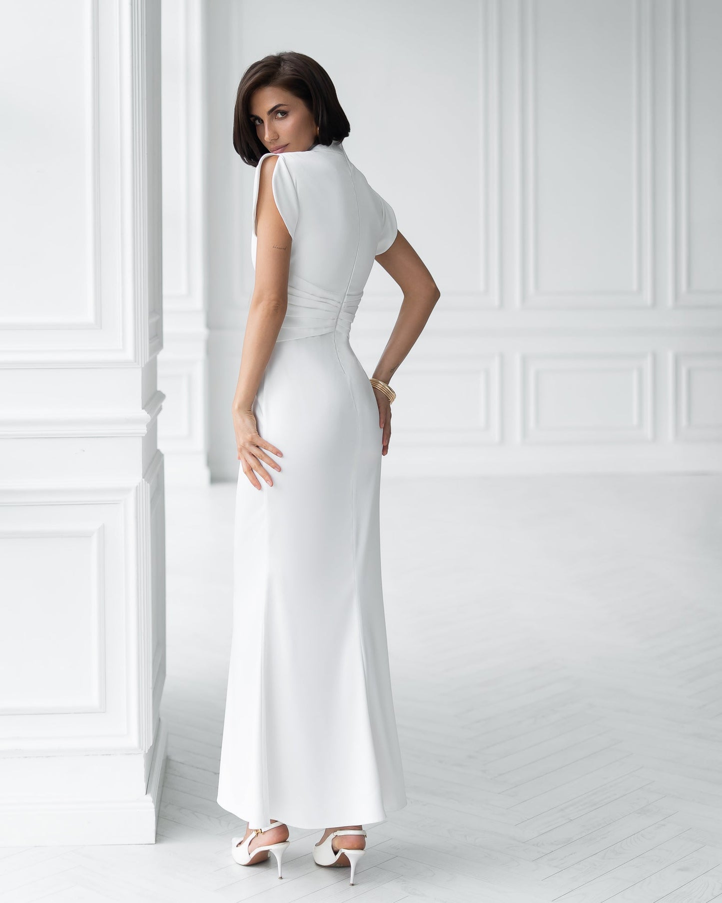 Nova White Satin High-Neck Puff-Sleeve Maxi Dress