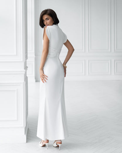 Nova White Satin High-Neck Puff-Sleeve Maxi Dress
