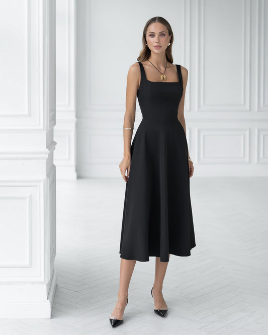 Stella Black Square Neck Backless Midi Dress