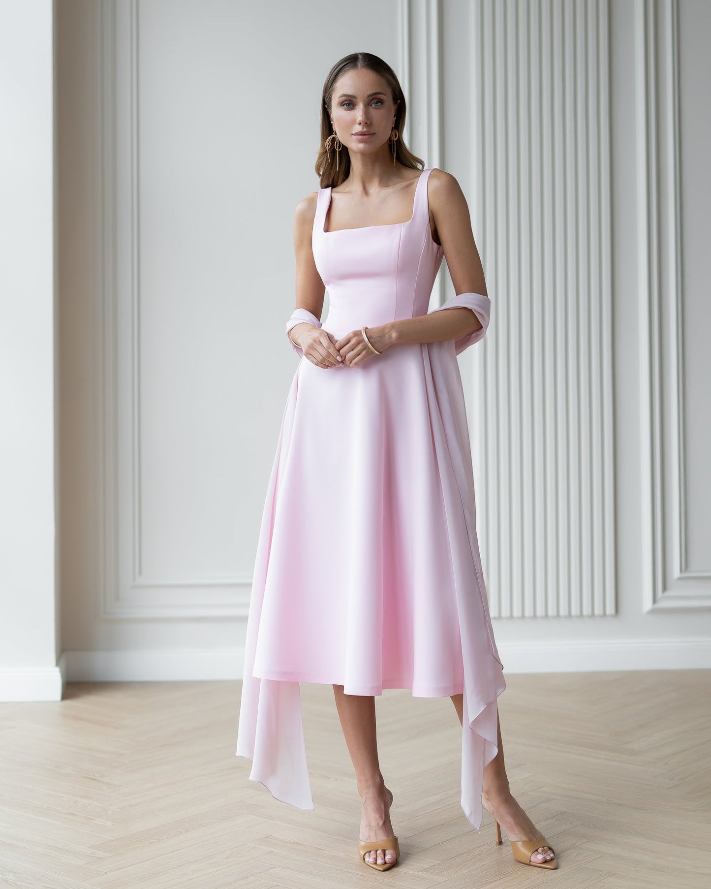 Stella Dusty-Pink Square Neck Backless Midi Dress