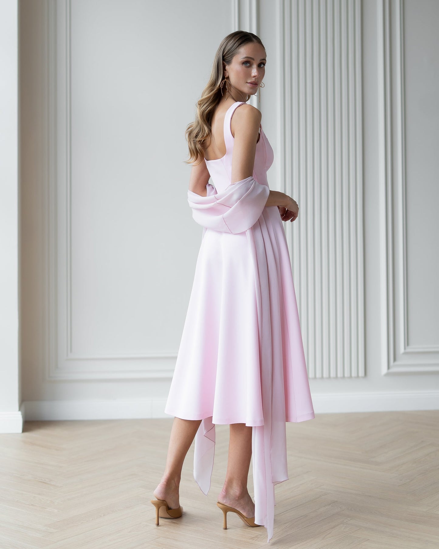 Stella Dusty-Pink Square Neck Backless Midi Dress