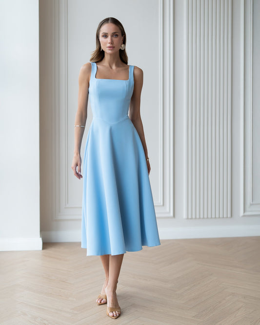 Stella Sky-Blue Square Neck Backless Midi Dress