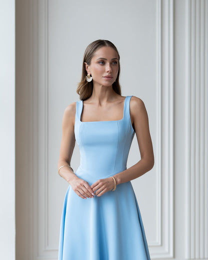 Stella Sky-Blue Square Neck Backless Midi Dress