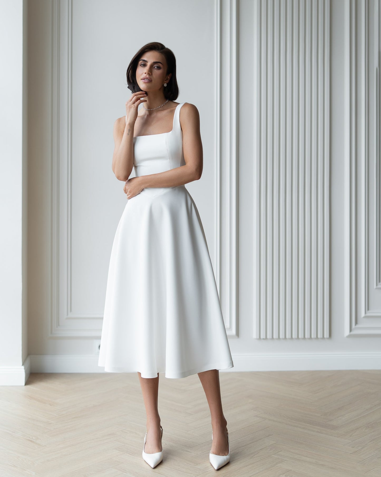 Stella White Square Neck Backless Midi Dress