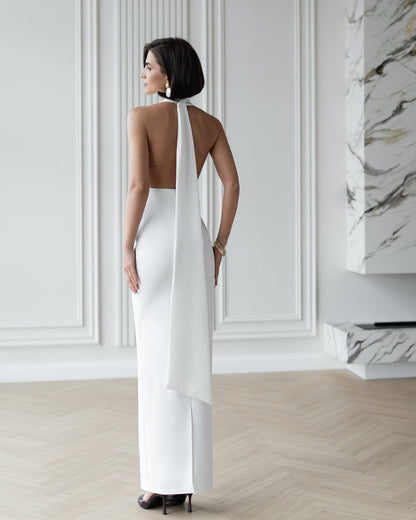 Stella White Halter-Neck Backless Maxi Dress