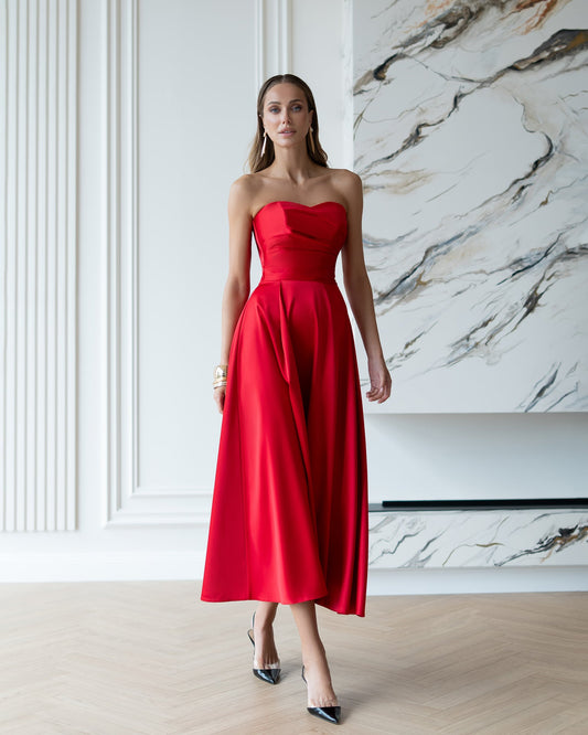 Nova Red Satin Strapless Sweetheart Midi Dress