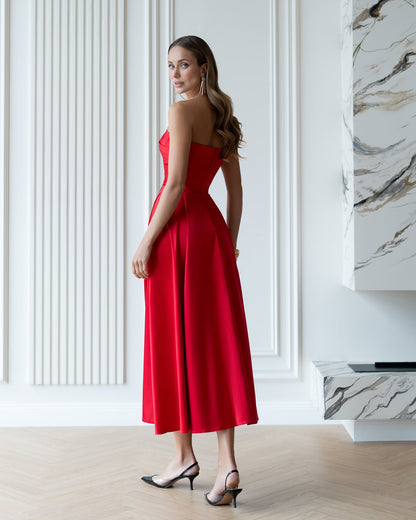 Nova Red Satin Strapless Sweetheart Midi Dress