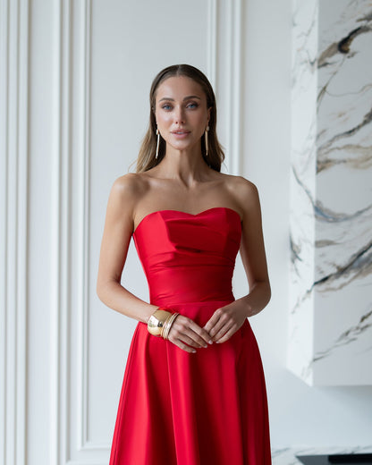 Nova Red Satin Strapless Sweetheart Midi Dress
